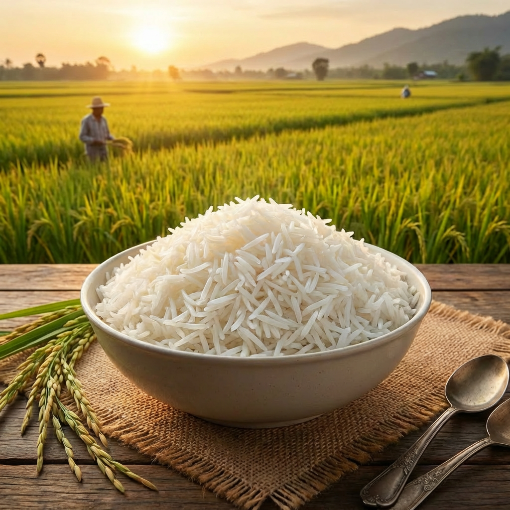 Fluffy white rice in a bowl overlooking a sun-drenched golden rice paddy at harvest time.