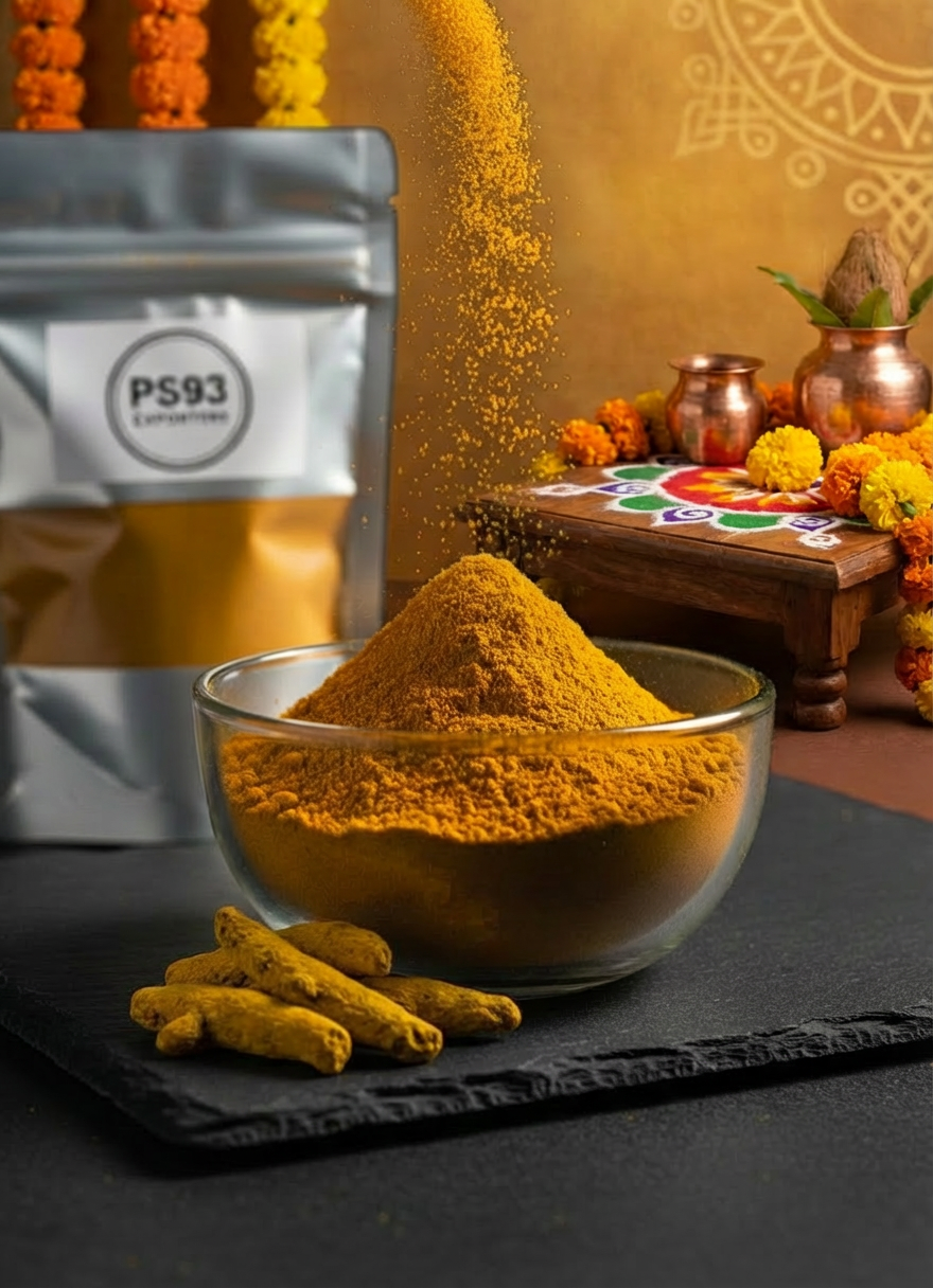 Rice & turmeric A dramatic macro shot of turmeric powder being gently poured into a clear glass bowl, the fine, vivid golden-yellow particles forming a small, perfect mound with subtle shadows in its tiny ridges. The surface beneath is a dark, matte slate that contrasts strongly with the vibrant color. A closed, unbranded but premium-looking foil pouch marked only with a small, neat PS93 Exporters seal sits slightly out of focus behind the bowl. Directional studio lighting from the right creates crisp highlights and defined yet soft-edged shadows, emphasizing purity and freshness. Photographic realism, professional and bold mood, captured at a low angle with a shallow depth of field and a clean, minimalist composition that highlights product quality.