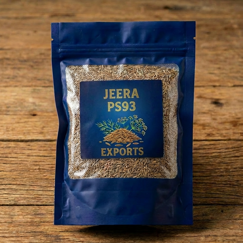 Premium whole cumin seeds for gourmet cooking Blue pouch labeled Deep Blue Cumin, Premium Quality, Net Wt. 250g, showing whole seeds.