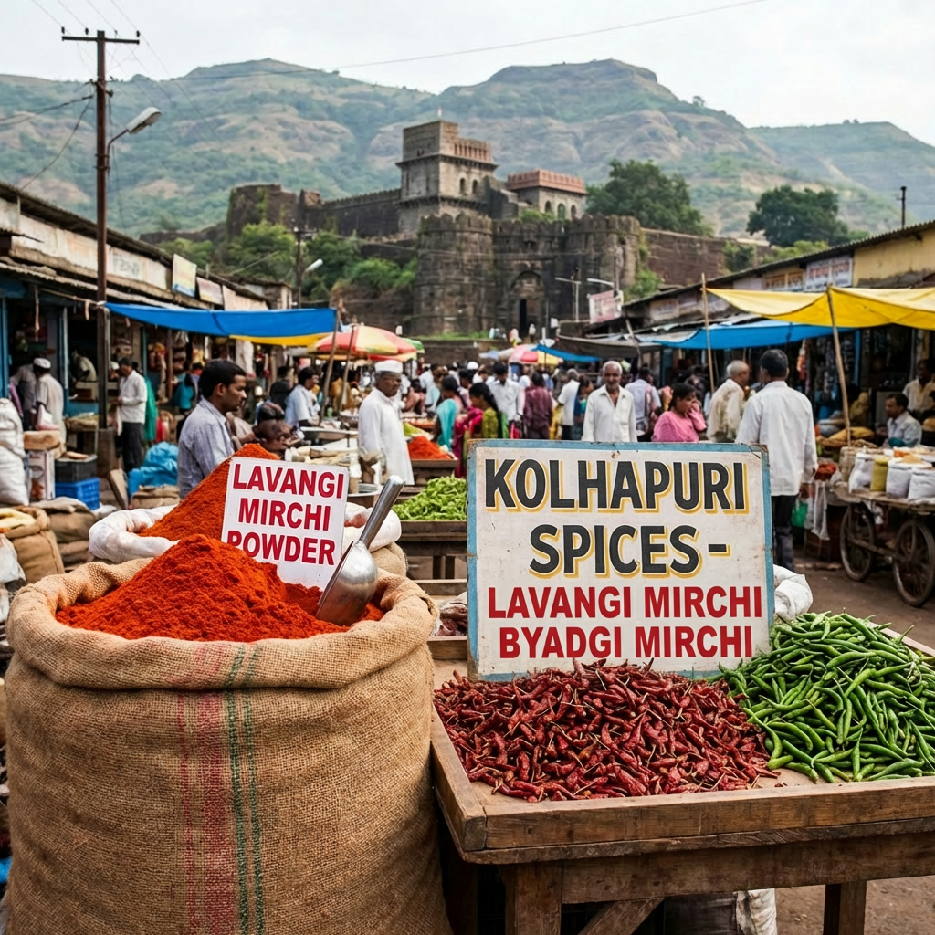 Vibrant Kolhapuri spice market near historic fort Spice market with red chili powder and signs for Kolhapuri Spices Lavangi Mirchi.