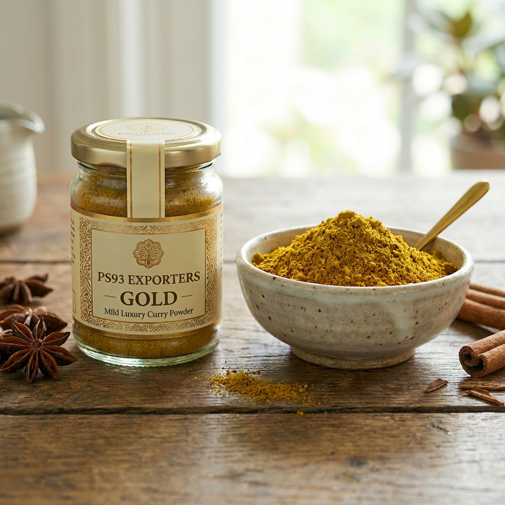 Kerala Gold Mild Luxury Curry Powder jar and bowl with cinnamon and star anise.